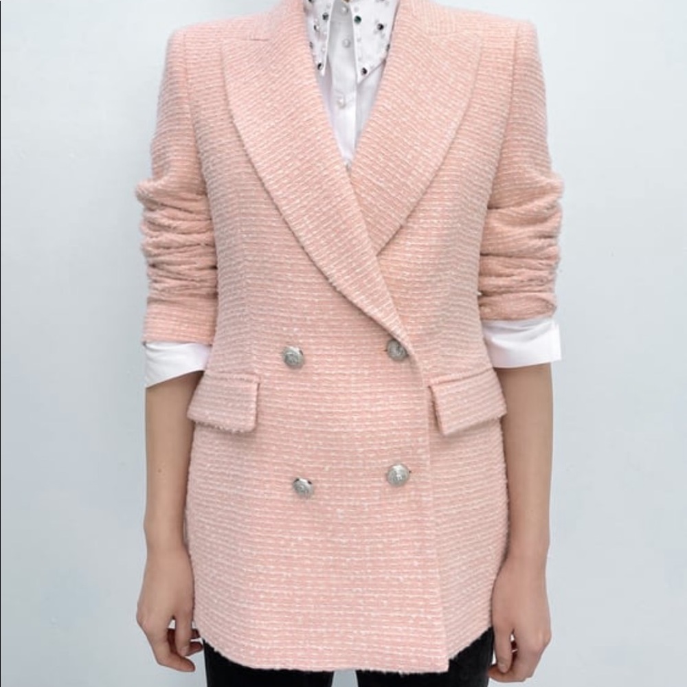 New ZARA double button pink textured tweed jacket